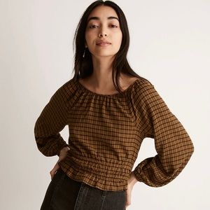 Madewell NWOT Tie Back Cutout Top Crop Long Sleeve “Spiced Olive” Plaid Small